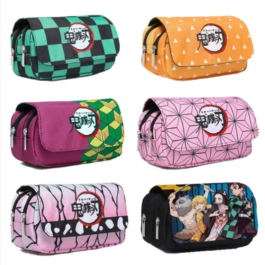 Demon Slayer - Anime Pencil Case: Student Bilayer Storage Bag Featuring Tanjirou, Nezuko, Zenitsu, Giyuu Cartoon Design Otaku Sora