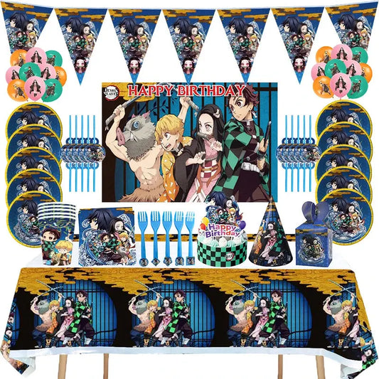 Demon Slayer Kamado Nezuko Theme Party Decoration Set - Supplies Including Paper Cups, Plates, Tissues, Spoons, Balloons for Baby Shower and Birthday Otaku Sora