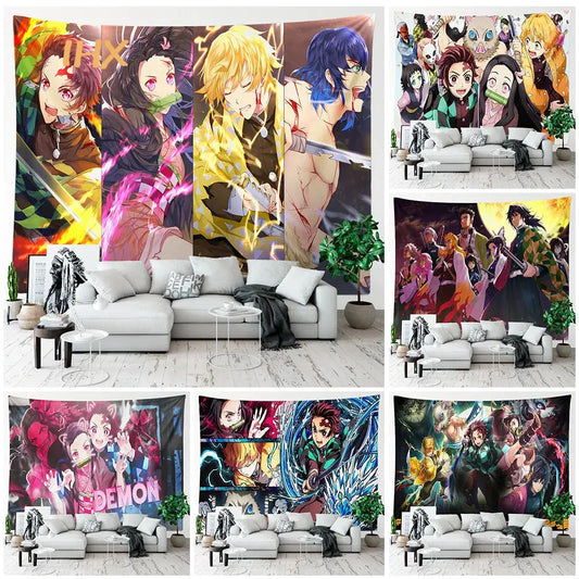 Demon Slayer Japanese Anime Tapestry Wall Hanging - Hippie Room Decor, Cloth Wall Tapestry for Bedroom Background and Home Decoration. Decorations 1-12 Otaku Sora